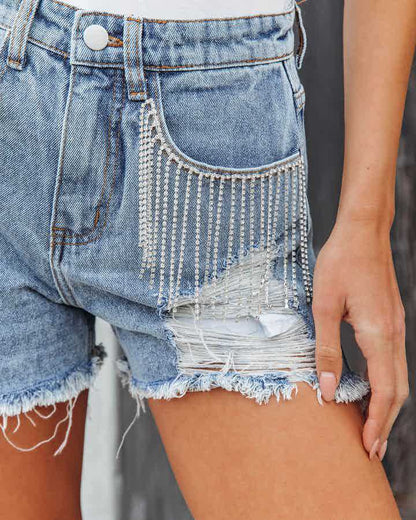 Casual Chain Tassel Ripped Denim Shorts