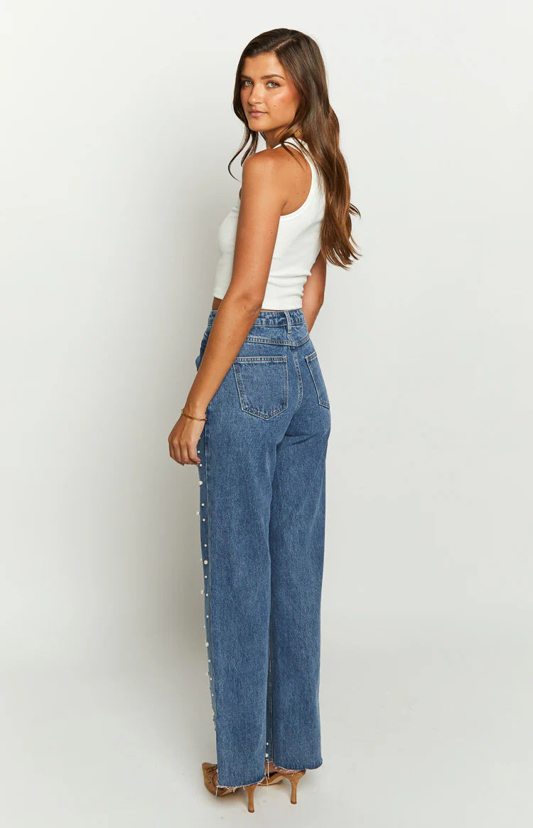 Oblique Beaded Straight  Denim Pants