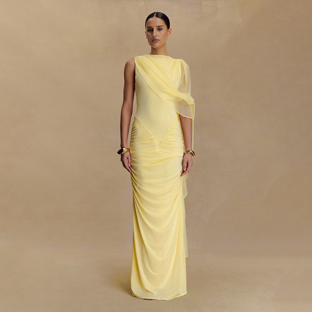 Pleated Mesh Shawl Dress