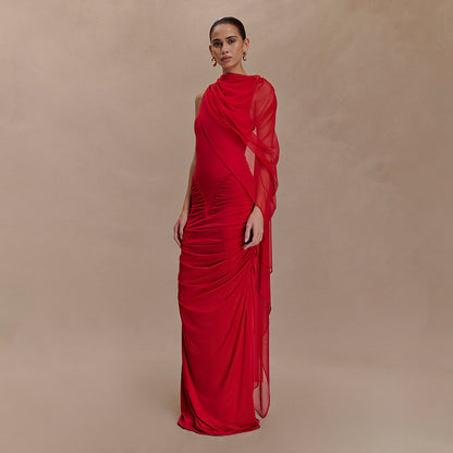 Pleated Mesh Shawl Dress