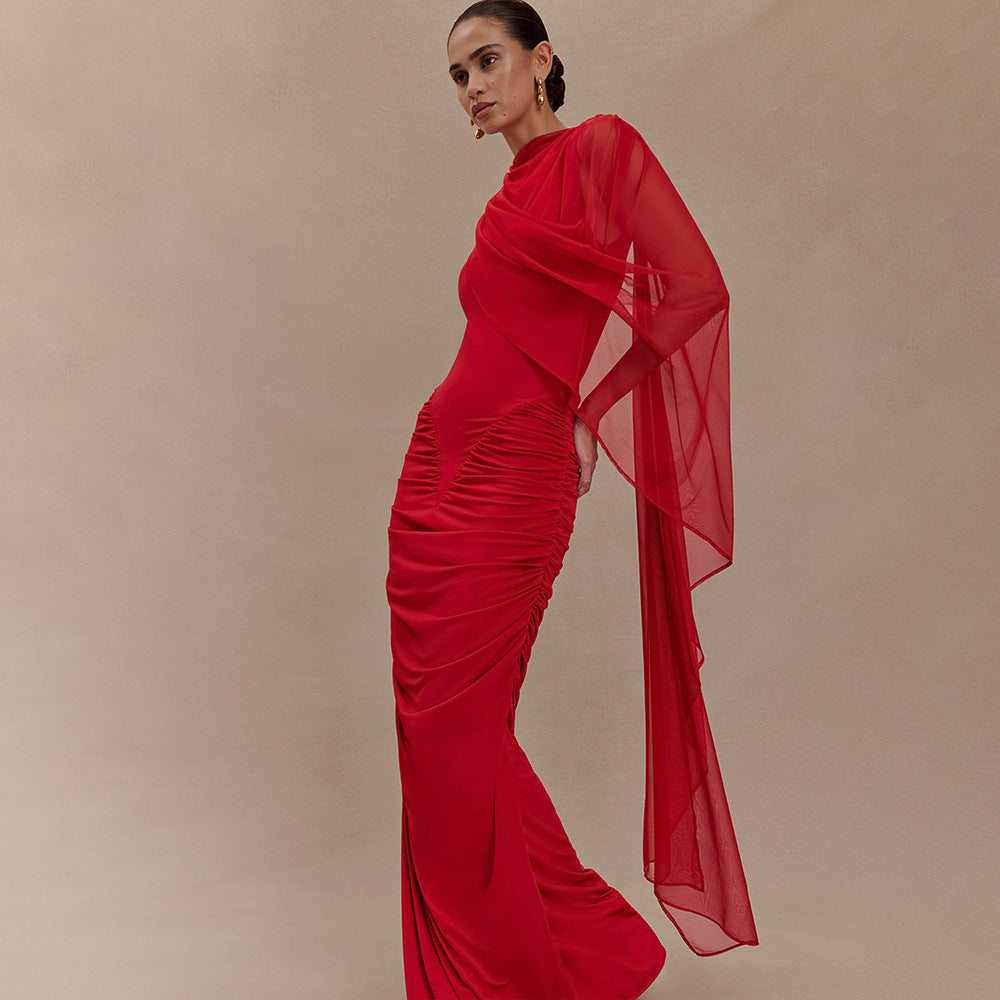 Pleated Mesh Shawl Dress