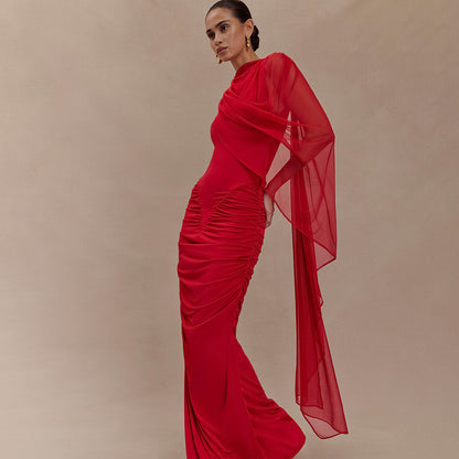 Pleated Mesh Shawl Dress