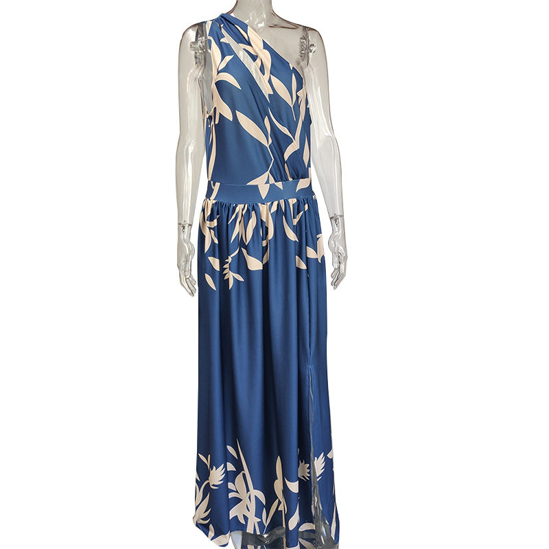 Slant Shoulder Split Dress