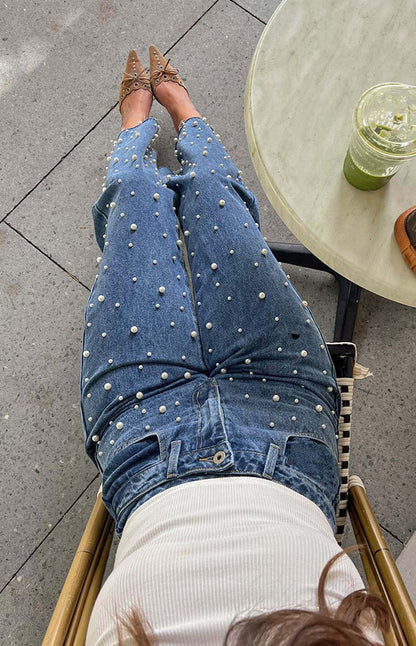 Oblique Beaded Straight  Denim Pants