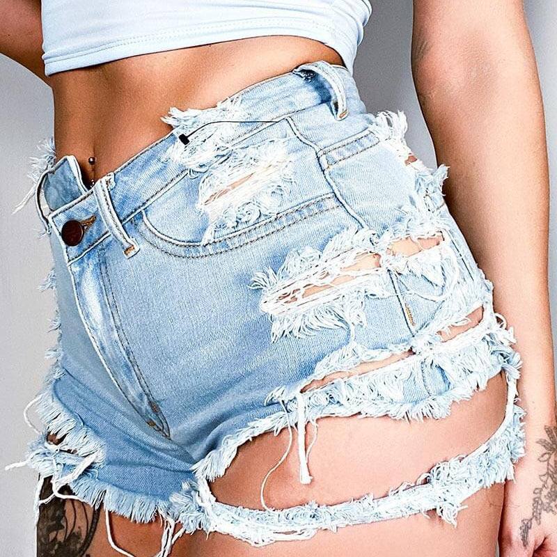 High Waist Ripped Fringe Shorts