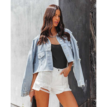 Casual Chain Tassel Ripped Denim Shorts