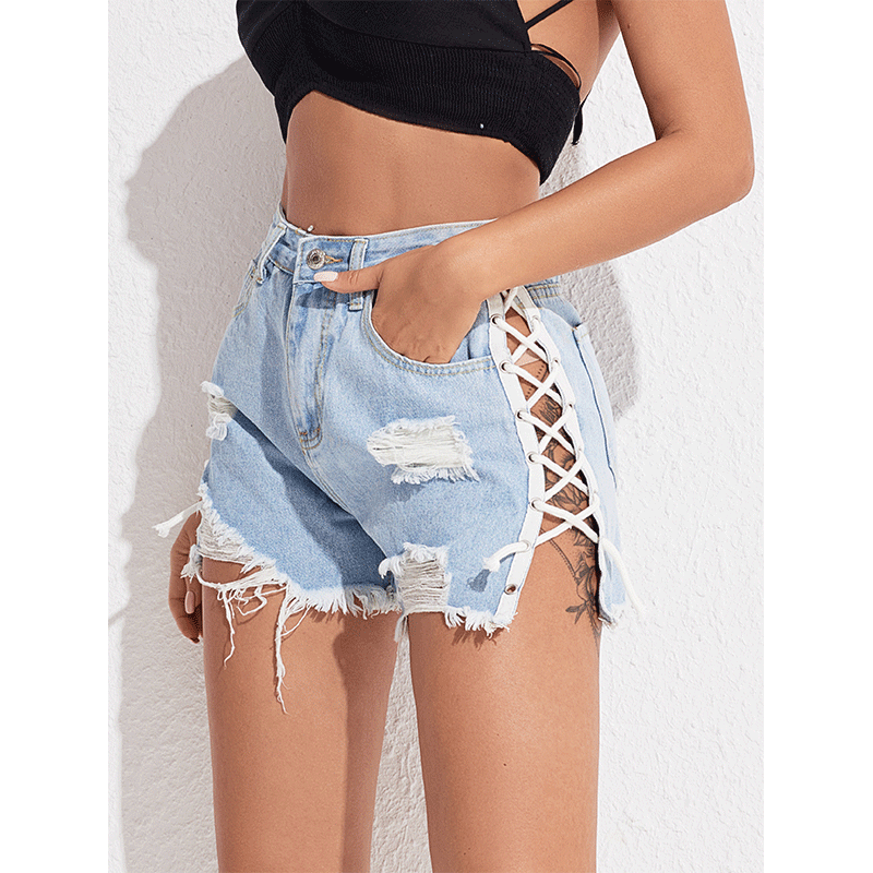 Lace-up Denim Shorts