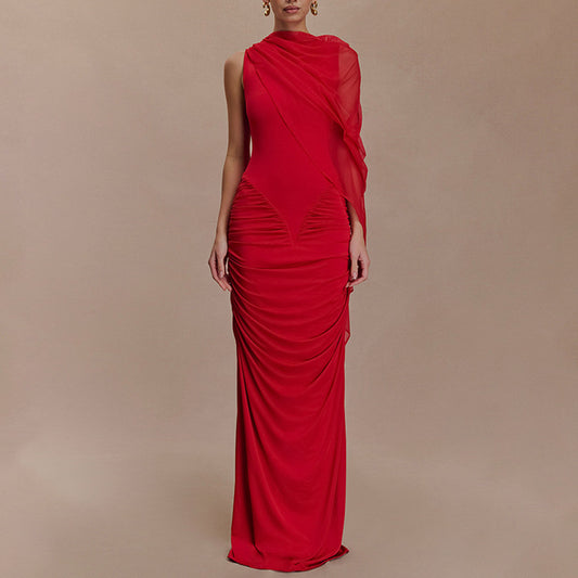 Pleated Mesh Shawl Dress