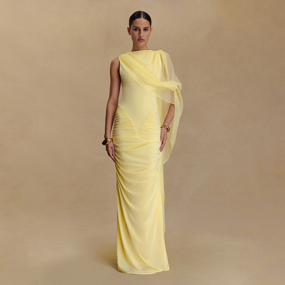 Pleated Mesh Shawl Dress