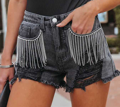 Casual Chain Tassel Ripped Denim Shorts