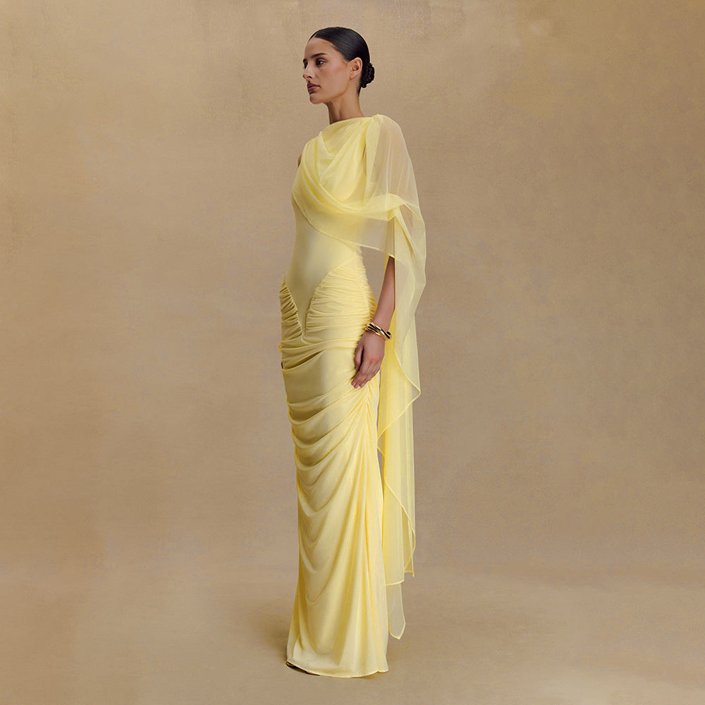 Pleated Mesh Shawl Dress