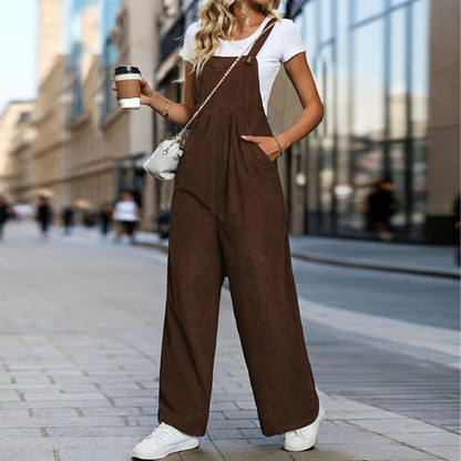 Solid Color Corduroy Suspender Pant