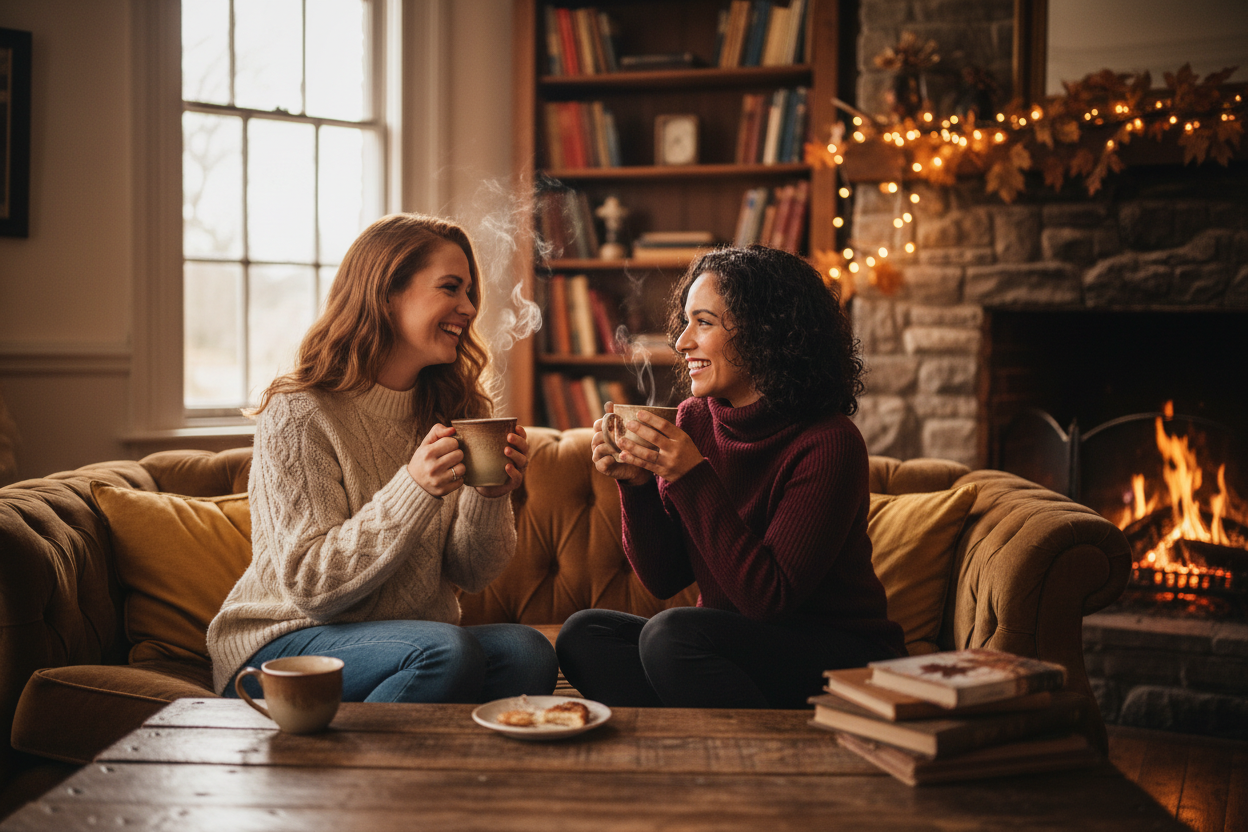 create an image of fall/winter where 2 women are dressed up nicely in sweaters drinking coffee