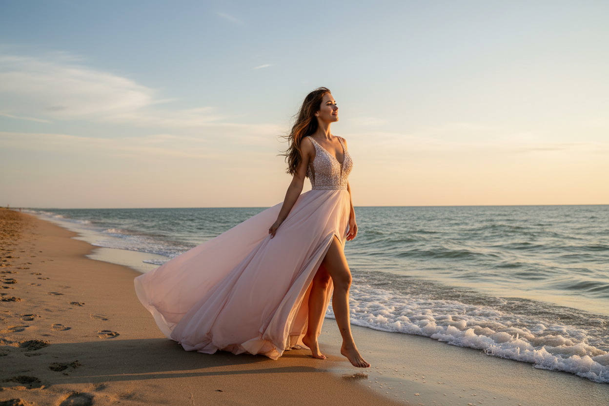 women wearig a nice fancy dress walking on a beach side